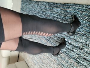 Black lace up thigh highs with boot lace ribbons and black heels